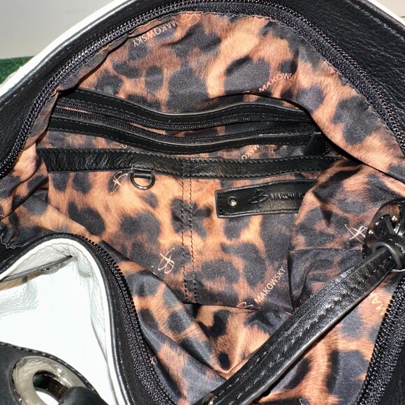 B Makowsky Shoulder Bag White Leather Handbag BLack Shoulder Strap Zip Pockets - Picture 12 of 16